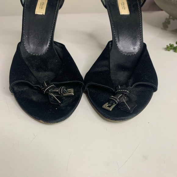 Vintage PRADA Italy black satin belt knot open toe Stiletto heels shoe 6.5 size - Picture 3 of 14